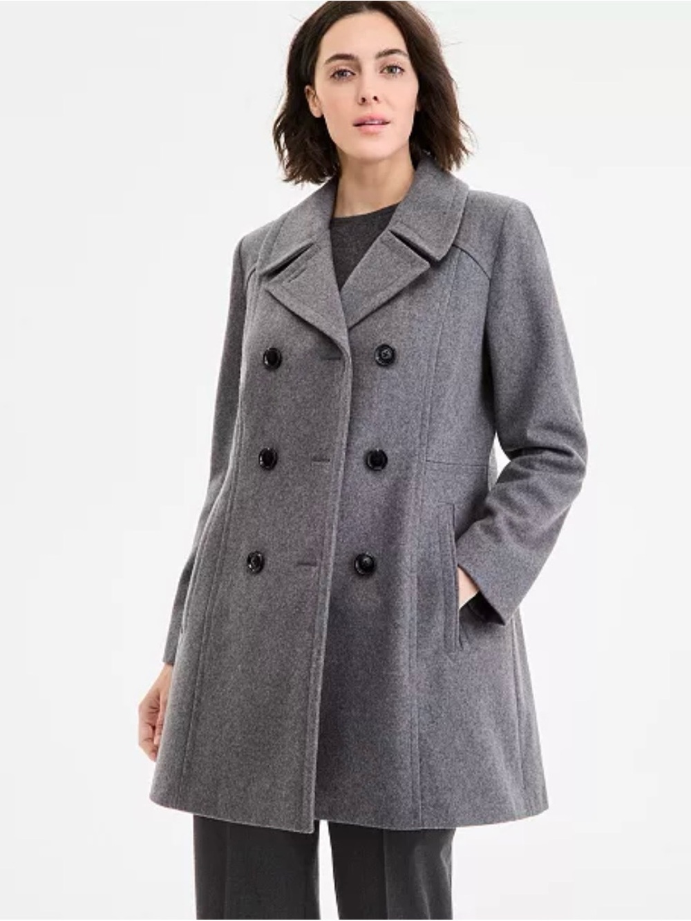 Anne Klein Gray Double-Breasted Wool-Blend Pea Coat